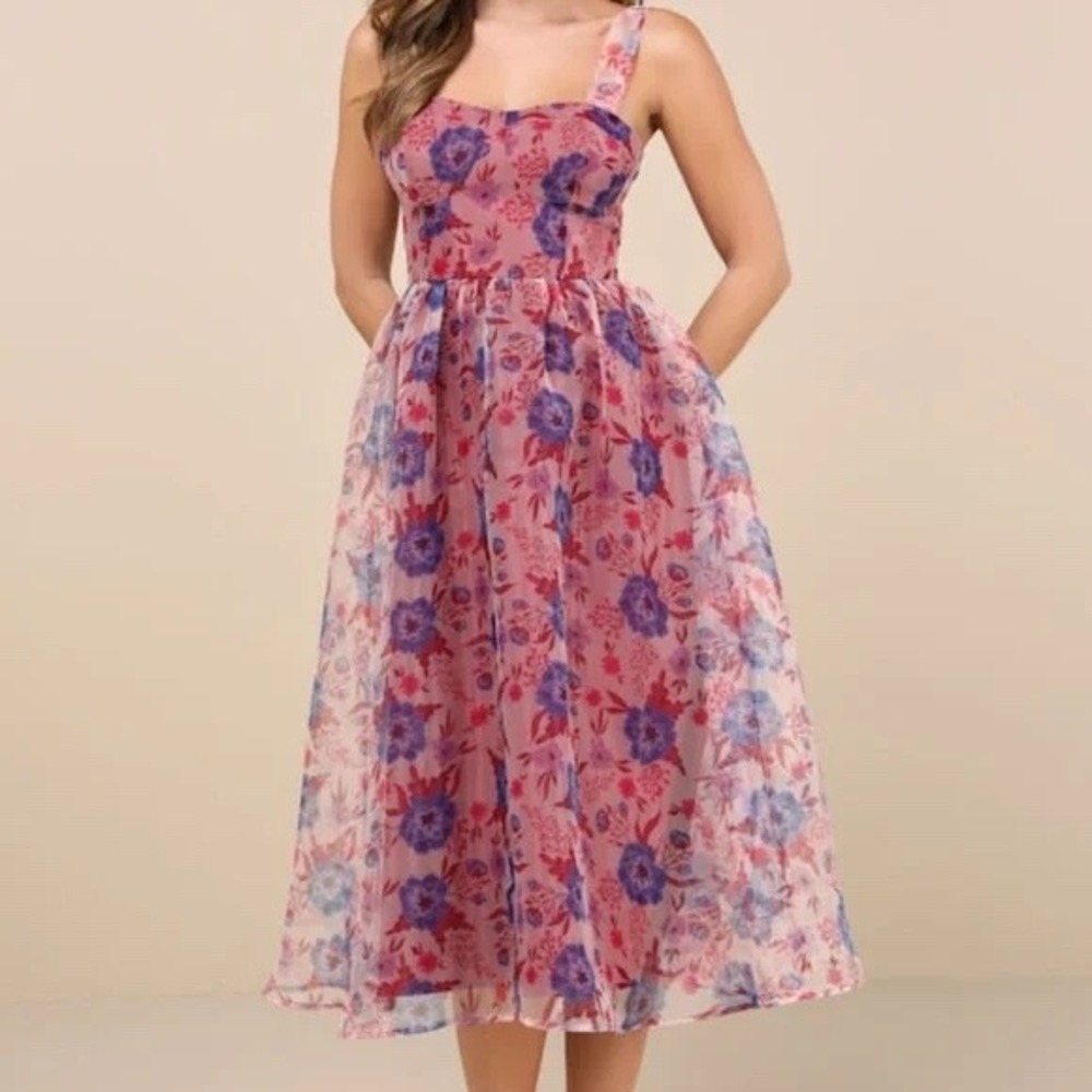 Lulu's Pink and Purple Floral Midi Dress